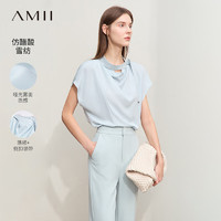 AMII2024夏极简纯色领带连袖宽松荡领仿醋酸雪纺衫上衣女款 水蓝 160/84A/M