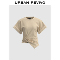 URBAN REVIVO 女士设计感不对称褶皱圆领短袖T恤 UWG440097 粉白 M