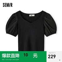 森马（Semir）森马针织衫女短款黑色紧身2024夏季泡泡袖拼接上衣 黑色调00399 155/80A/S