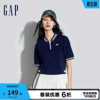 Gap女装2024春季亲肤柔软棒球领logo撞色短袖T恤上衣873957 海军蓝 175/92A(XL)亚洲尺码