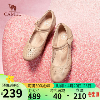 CAMEL 骆驼 坡跟单鞋女舒适牛皮革镂空挑花魔术贴单鞋 L24M155641 杏色 40