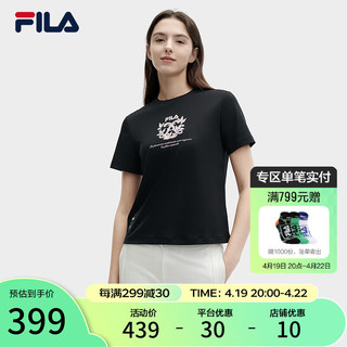 FILA 斐乐 女子针织短袖衫2024夏时尚休闲舒适简约纯棉T恤 正黑色-BK 180/96A/XXL