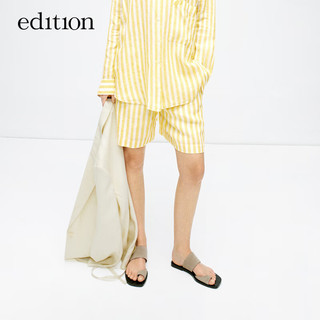 edition【E+轻生活系列】2024夏夏日感黄白条纹直筒亚麻短裤 黄白条 XS/155