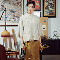 陌遇2024中国风改良真丝绡刺绣茶服短小衫新中式优雅唐装上衣 嫩玉色 S