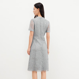珂莱蒂尔女装2024夏季通勤百搭法式蕾丝短袖修身中长款连衣裙 淡灰色 XL