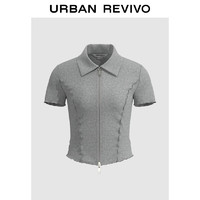 URBAN REVIVO 女装潮流双拉链修身花边短袖开襟衬衫 UWV240035 花灰 M