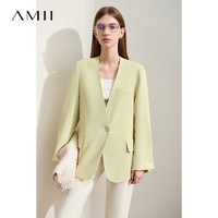 AMII2024春极简纯色V领宽松中长款长袖西装外套女款 果绿 155/80A/S