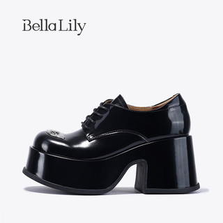 Bella Lily2024春季欧美牛皮增高鞋女粗跟休闲鞋减龄高跟鞋子 黑色 35