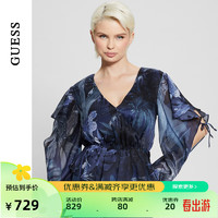 GUESS 24年夏季女士荷叶边雪纺显瘦波西米亚上衣-W4GH82WCWF2 P7PC-深蓝色 XS