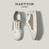 皓顿（HAUT TON）男鞋休闲鞋头层牛皮拼接布鞋男士时尚透气板鞋百搭鞋子男 白卡其色 38 -适合运动鞋39码