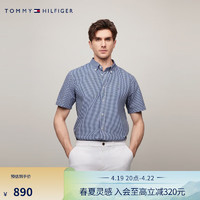 TOMMY HILFIGER【透气府绸】24春夏男装纯棉休闲小格纹短袖衬衫35440 蓝白格纹C5J XXL （：180-200斤）