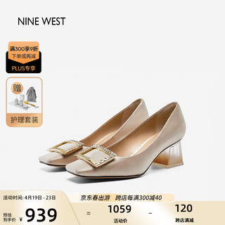 NINE WEST 玖熙 真丝透明渐变跟鞋女方扣粗跟单鞋 NH353062EK 杏色36