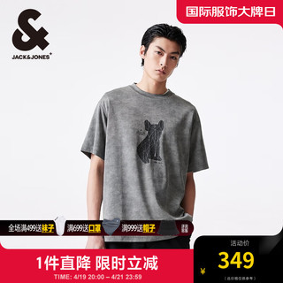 杰克·琼斯（JACK&JONES）宽松法斗犬图案胶印圆领休闲简约舒适上衣短袖T恤男装224201241 E40 知更鸟灰 常规 165/88A/XS