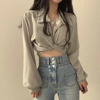 紫伶语 韩国chic法式小众设计感后背系2024年春季短款衬衫上衣女 灰绿色 M