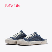 Bella Lily2024春季做旧半包拖鞋女外穿帆布板鞋无后跟脏脏鞋 蓝色 38