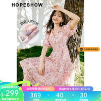 HOPESHOW 红袖 泡泡袖连衣裙夏季2023新款女装印花收腰V领套头长裙 粉花607 L