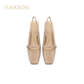 哈森【】2024夏季方头纯色粗跟后空玛丽珍女凉鞋HM247001 杏色 35