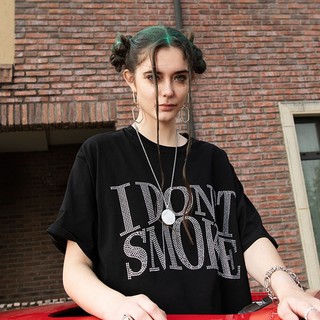 Donsmoke美式街头设计水钻立体logo印花国潮流款夏季短袖t恤 黑色 L