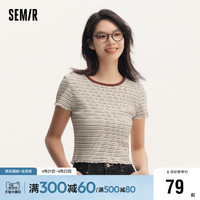 Semir 森马 [商场同款]森马短袖T恤女短款紧身木耳边2024新款条纹夏装多巴胺