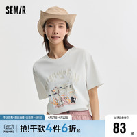 Semir 森马 短袖T恤女宽松卡通印花俏皮小众2024新款夏季落肩套头衫可爱