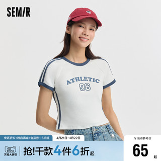 Semir 森马 短袖T恤女短款紧身刺绣撞色2024新款夏季运动风插肩袖套头衫