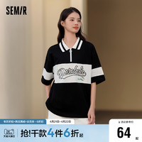 Semir 森马 POLO衫女中长款拼色字母学院风衣服夏宽松套头衫女生休闲时尚