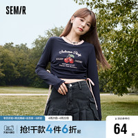 Semir 森马 长袖T恤女短款修身印花复古甜酷2023秋新款心机抽绳衣服辣妹