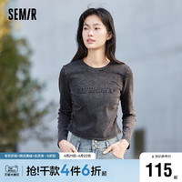 Semir 森马 长袖T恤女短款做旧复古紧身2024新款春季街头上衣内搭打底