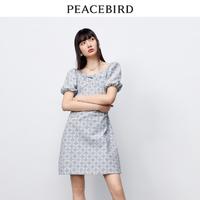 PEACEBIRD 太平鸟 印花牛仔连衣裙夏季满印胸前扭结泡泡袖裙子女