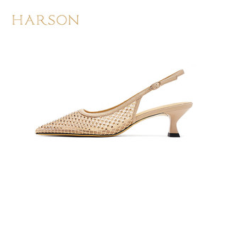 哈森2024夏季网面百搭尖头高级感舒适时尚凉鞋女细跟HWM240127 金色 34