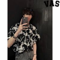 VAS&CO 黑白水墨印花短袖衬衫男士高级宽松休闲夏季痞帅古巴领衬衣