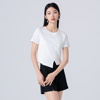 阿依莲（A.YILIAN）2024夏季新中式T恤女不规则设计感复古显瘦百搭短上衣 纯净白 M