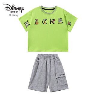 Disney 迪士尼 儿童夏季套装2024春夏季新款休闲运动透气潮流纯棉上衣短裤两件套   绿色 120