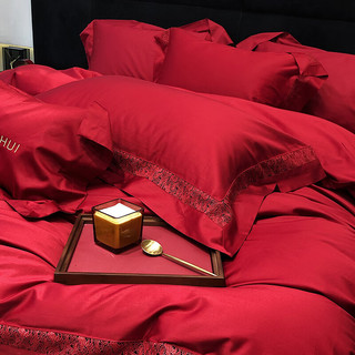 罗兰禧约高端婚庆全棉四件套大红色100长绒棉纯棉被套床单结婚床上用品 TGH100长绒棉套件镂空格蕾丝红 1.5米床丨被套200x230cm