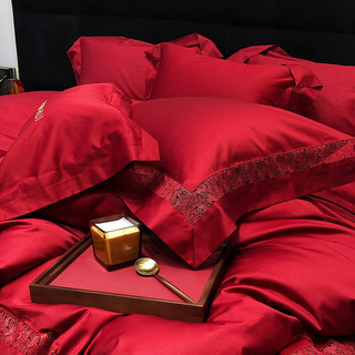 罗兰禧约高端婚庆全棉四件套大红色100长绒棉纯棉被套床单结婚床上用品 TGH100长绒棉套件镂空格蕾丝红 1.5米床丨被套200x230cm