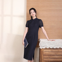 布符2024年夏季青黛泡泡袖拼接包边女士旗袍典雅中式立领国风 青黛 S