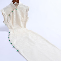 戚薇改良旗袍女夏2024年轻款米色复古气质国风修身显瘦连衣裙 米色 S