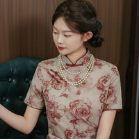 俏娘鱼气质优雅淑女范改良大花旗袍2024年春季复古名媛老上海 豆沙粉(裙长116左右) M