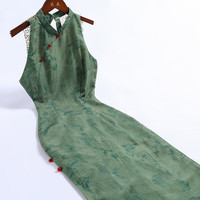 戚薇改良绿色旗袍2024夏复古年轻优雅高端气质显瘦少女日常连衣裙 绿色 S