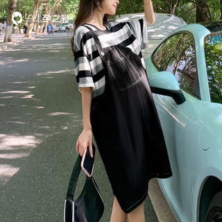 孕之彩连衣裙夏季时尚假两件个性拼接显瘦宽松大码短袖裙子 黑色 XL