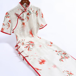 戚薇2024年日常新中式复古国风旗袍可穿气质高级感短袖印花连衣裙   米色 S