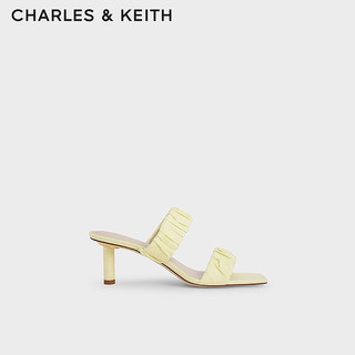 CHARLES&KEITH时尚褶皱一字方头高跟凉拖鞋女CK1-60361409 Yellow黄色 38