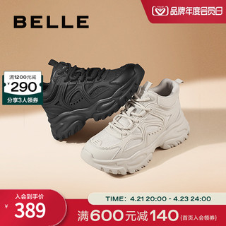 BeLLE 百丽 高帮加绒保暖老爹鞋女2024春新款鞋子黑色厚底运动鞋A6V1DAM4