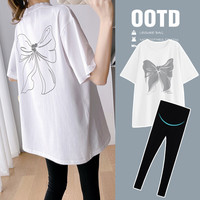 什靓装套装夏季外穿T恤薄款休闲宽松中长款短袖上衣裤 白色上衣+黑色裤子 L