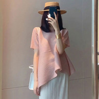苒琦妈咪夏装套装短袖裙子夏季韩版高级感褶皱上衣+半身裙两件套 粉色短袖 XXL