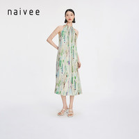 纳薇(naivee)naivee纳薇24夏莱赛尔度假风新中式水墨枯笔印花挂脖连衣裙 草绿 155/80A/S