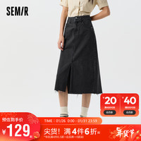 森马（Semir）牛仔半身裙女高腰毛边复古百搭2024春显瘦开叉A字裙109124120004 牛仔水洗黑98201 L