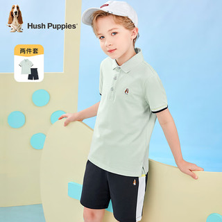 暇步士（Hush Puppies）童装男童套装夏装儿童套装轻薄珠地网眼面料舒适透气时尚休闲 青黛绿 110cm