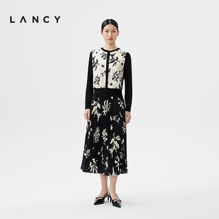 朗姿/LANCY2024春季黑白新中式真丝印花拼接针织外套高级淡雅 黑色 XL