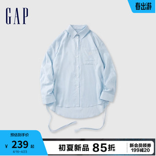 Gap女装2024夏季条纹系带刺绣logo长袖衬衫上衣527316 蓝色 170/88A(L) 亚洲尺码